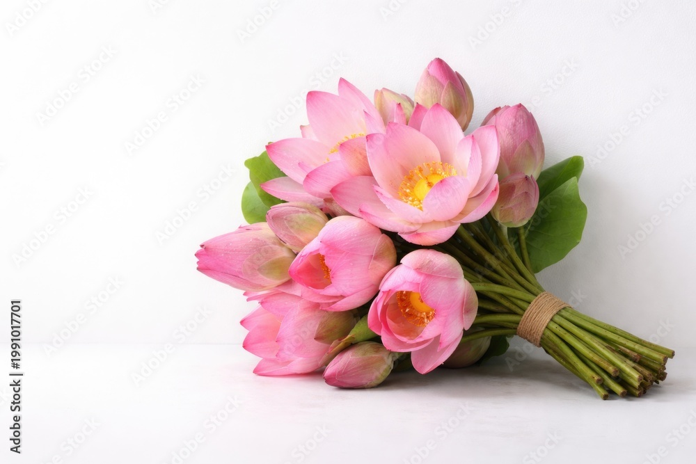 Obraz premium Fresh pink lotus bouquet resting on a smooth white panel background with clear copy space
