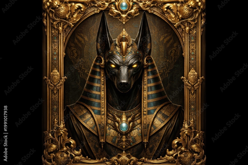 Fototapeta premium Elegant gilded frame surrounding the deity Anubis head artwork