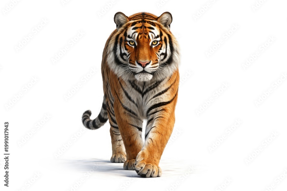 Obraz premium Majestic tiger strolling confidently on a plain white background