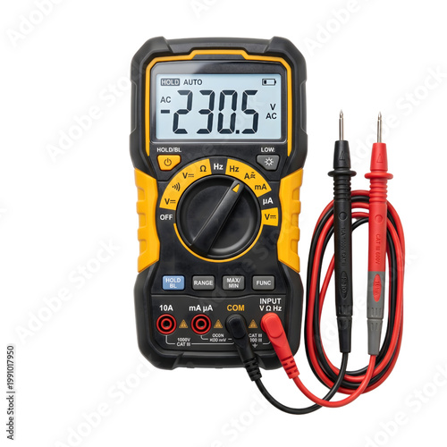 Professional Digital Multimeter with Test Probes Isolated on White and Transparent Background, High Quality Electrical Measurement Tool