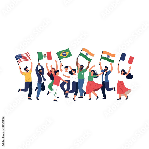 Diverse people celebrate with flags waving in air