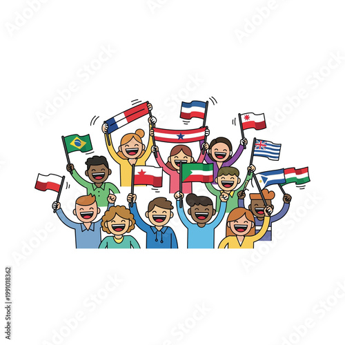 Diverse group of people holding flags from various countries and celebrating together outdoors.