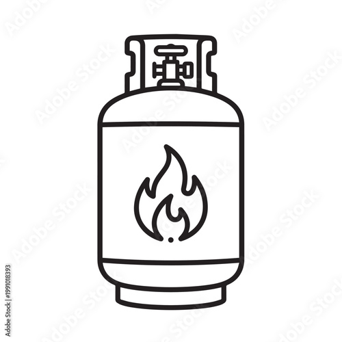 Black and white line drawing of a propane tank with flame symbol