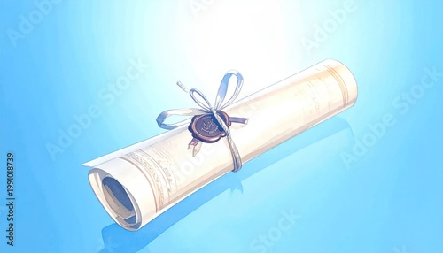 A Rolled Diploma or Certificate Tied with a Blue Ribbon and Wax Seal.