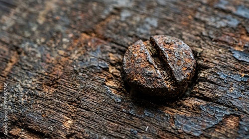 Rusty screw on old wooden surface close-up