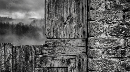 old wooden gate and stone wall in foggy landscape
