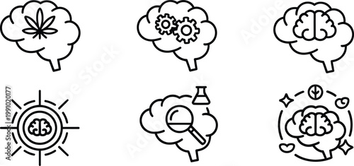 Six different brain icons representing various mental states and activities