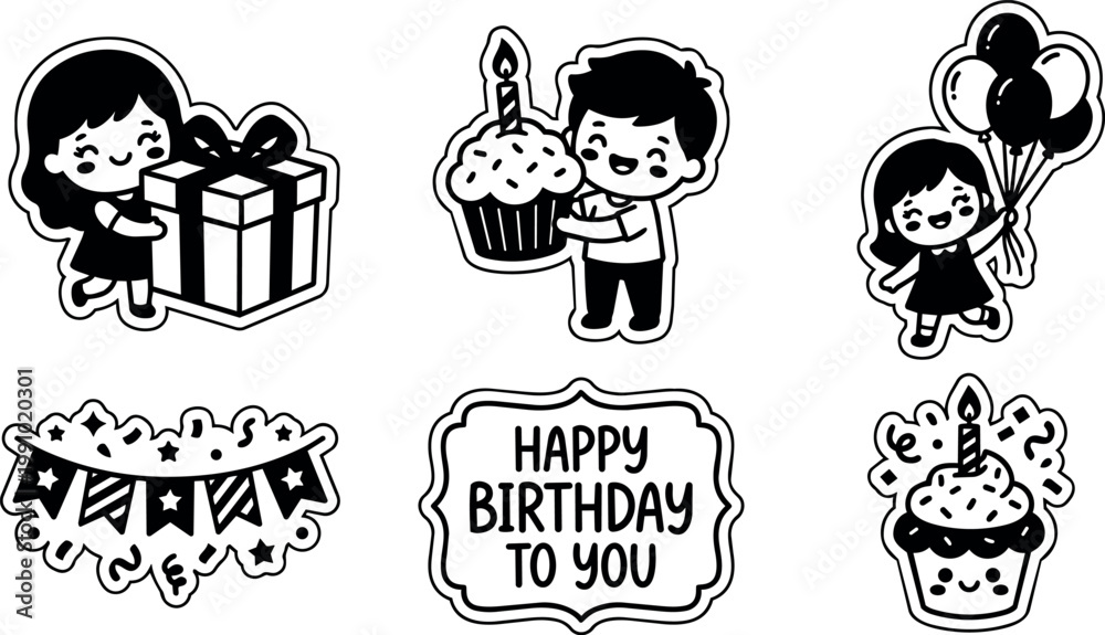 Fototapeta premium Black and white birthday happy birthday to you lettering and kids with cupcakes gifts and balloons