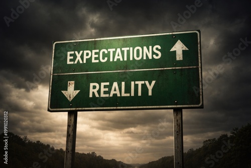Isolated green traffic sign depicting contrast between expectations and reality under a negative perspective