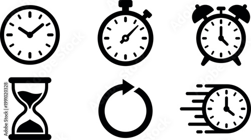 Black and white time icons clock stopwatch hourglass timer set
