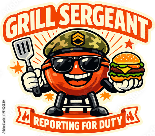 Cartoon funny tomato character as "Grill Sergeant" wearing military helmet and sunglasses, holding spatula and burger. Text "GRILL SERGEANT" and "REPORTING FOR DUTY" on red banner. Humorous BBQ design