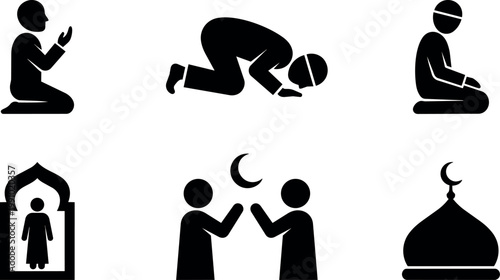 Black and white islamic prayer icons showing worship poses and mosque silhouette