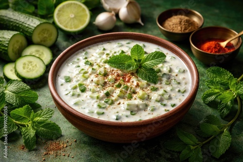 Traditional raita sauce with yogurt cucumber and mint against green backdrop