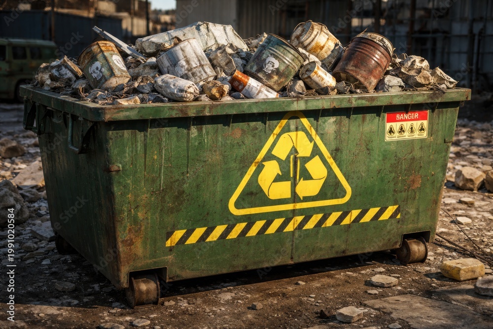 Fototapeta premium Green trash container marked with yellow recycling symbol storing dangerous building waste