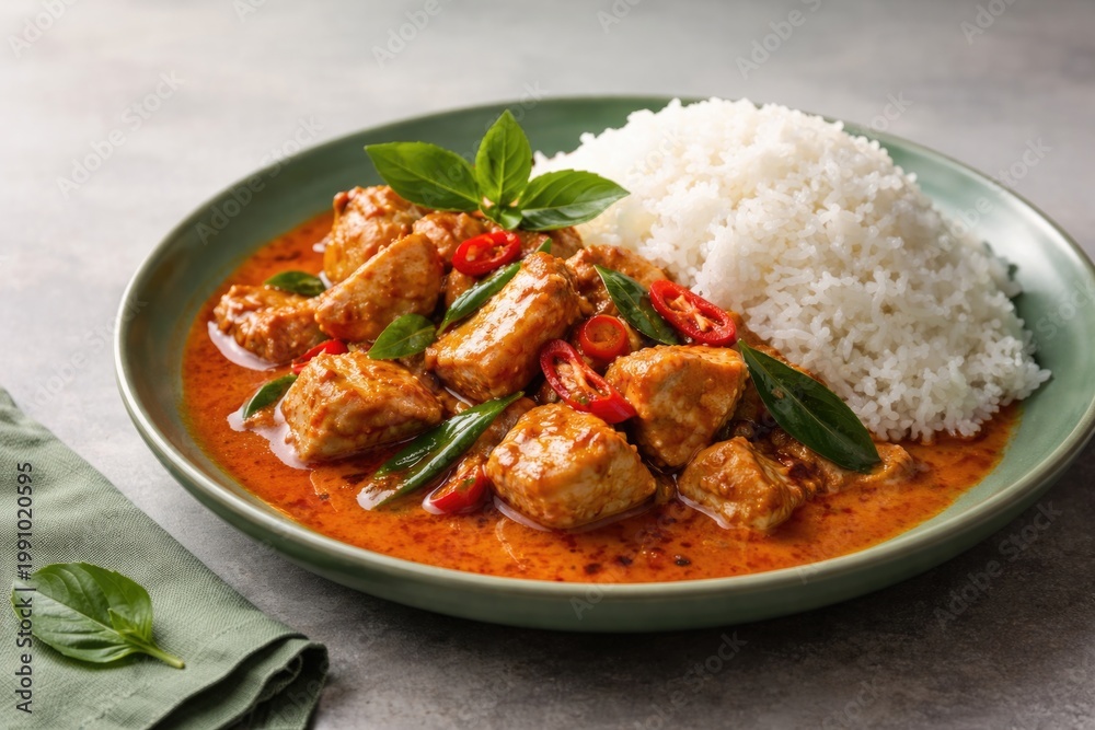 Fototapeta premium Delicious Thai red curry chicken alongside steamed rice on a green dish with soft grey background and copy space