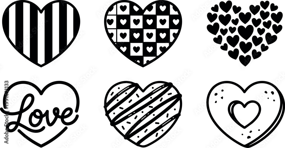 Fototapeta premium Black and white love hearts set with stripes patterns and handwritten lettering vector art