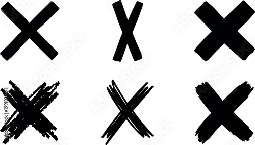 Six black brush stroke x marks with rough textured vector art