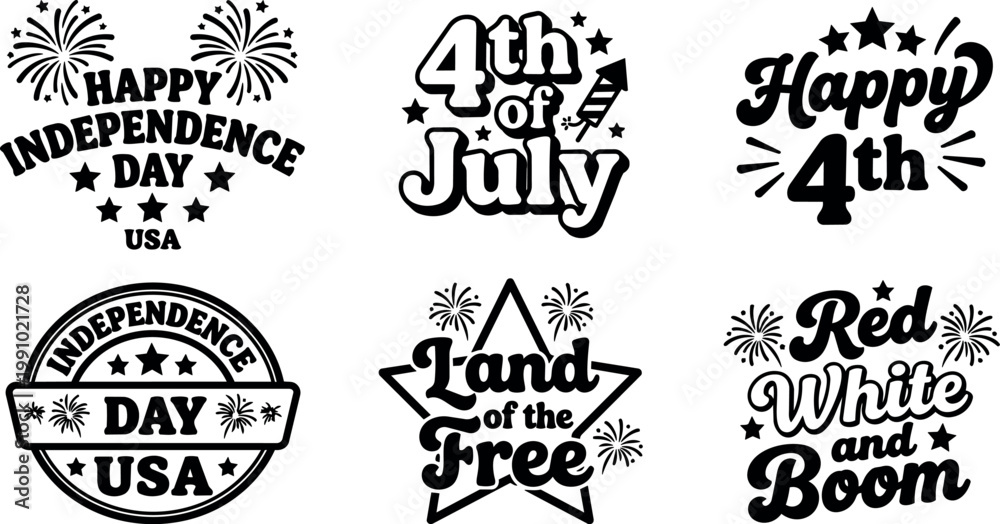 Fototapeta premium Black and white independence day lettering with fireworks and stars vector art