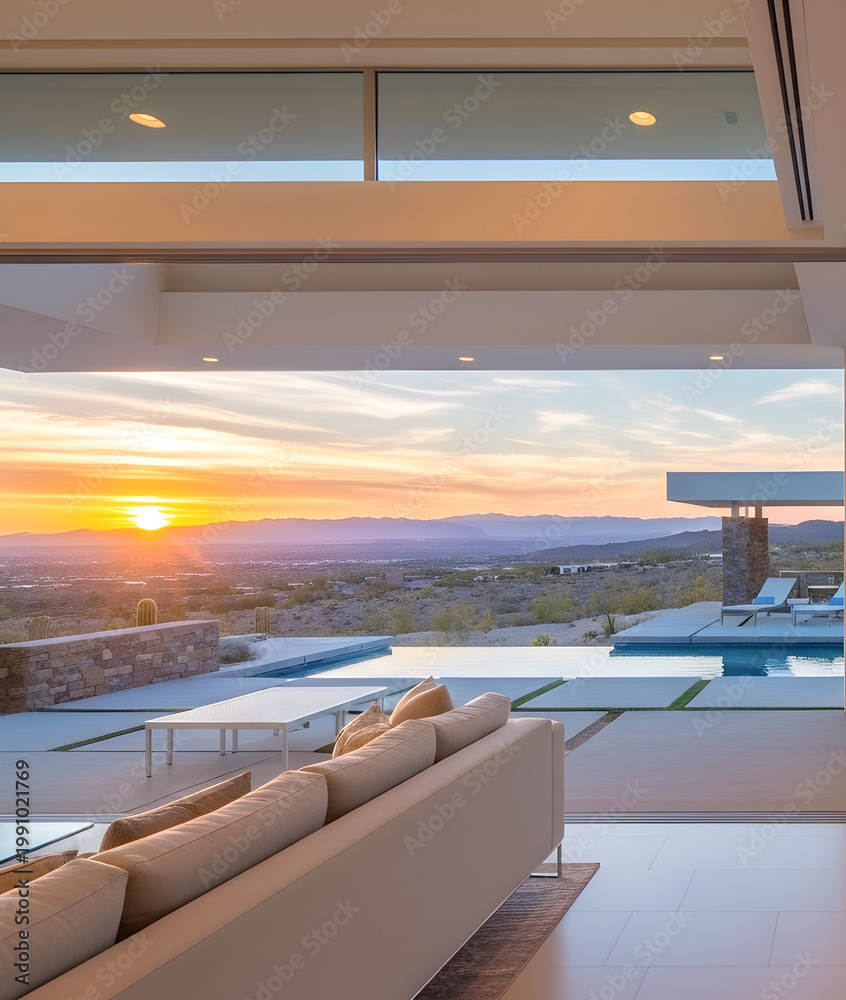 Fototapeta premium Luxury modern home with infinity pool overlooking a desert sunset and mountain vista
