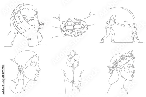 Mother holding newborn baby hands holding baby shoes mother and son playing frisbee baby hand touching mother ear.