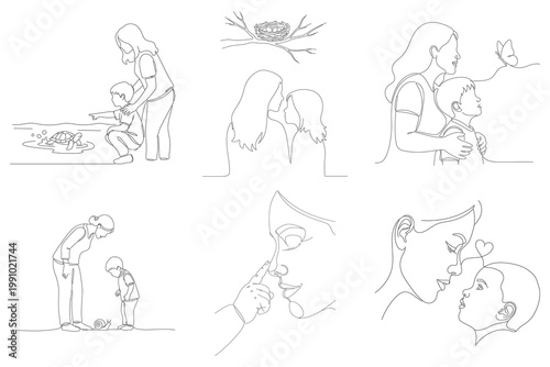 Mother and child observing nature mother pointing at turtle child looking snail mother child tender moment parent child bond.