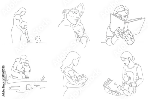 Mother and child moments single line drawing gentle embrace quiet bonding reading book nature walk nurturing love gentle touch caring tender.