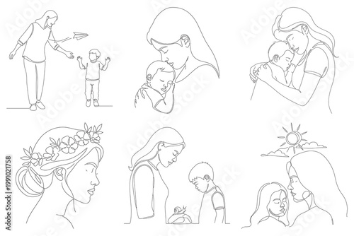 Mother and child playing with paper airplane mother hugging sleeping baby mother with child butterfly mother child looking up.