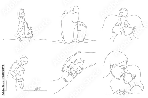Mother and child connection single line art gentle gestures dancing reading together caring nurturing parent child bond love gentle touch.