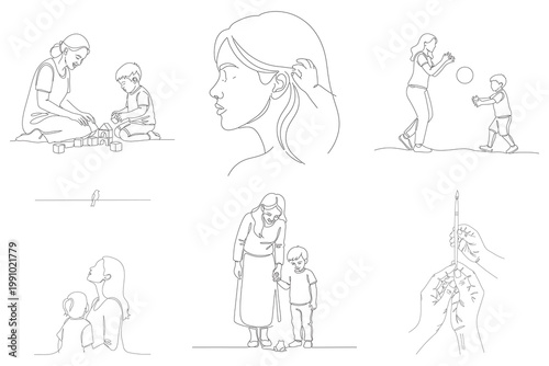 Mother and child moments single line drawing playing blocks gentle embrace reading together caring nurturing parent child bond love.