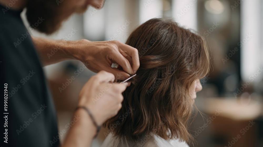 Naklejka premium Hairdresser cutting the hair of a young woman in a salon.
