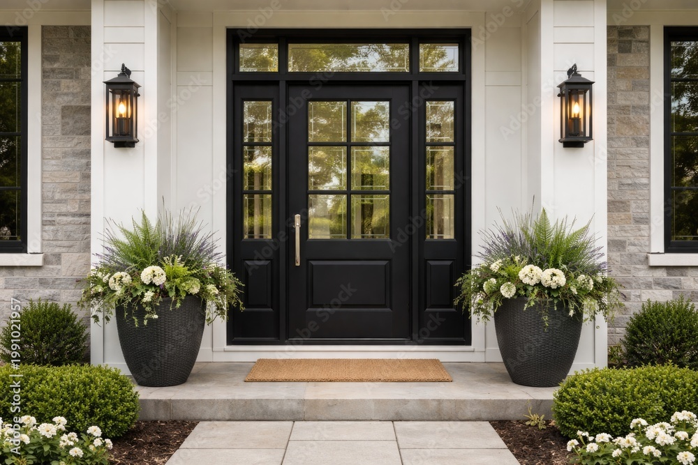 Fototapeta premium Family home entry showcasing black wood door with glass and decorative planters
