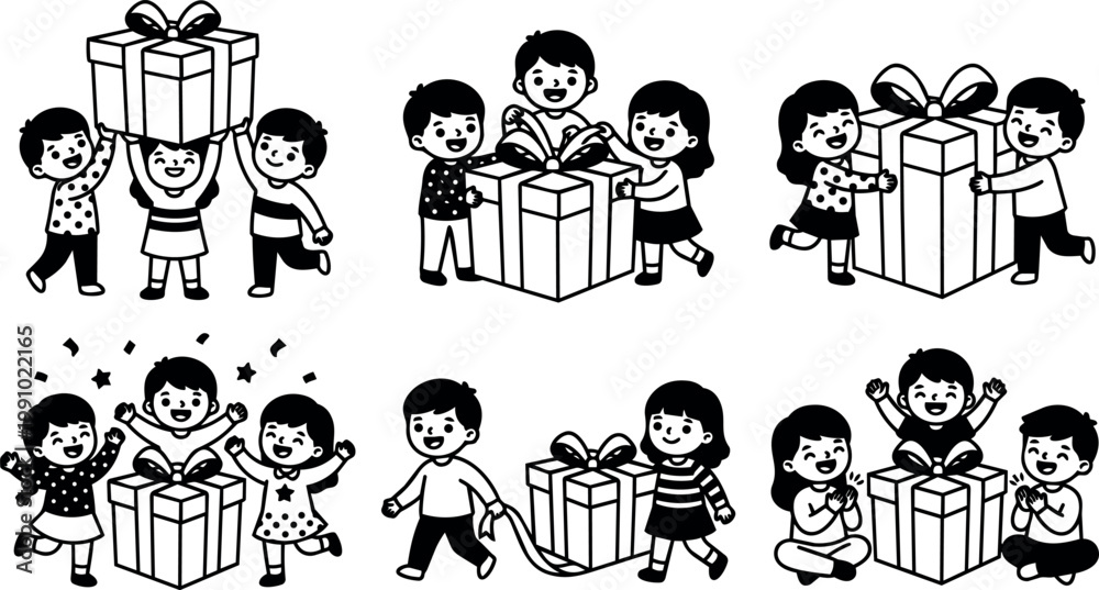 Fototapeta premium Children playing with large wrapped gifts and ribbons