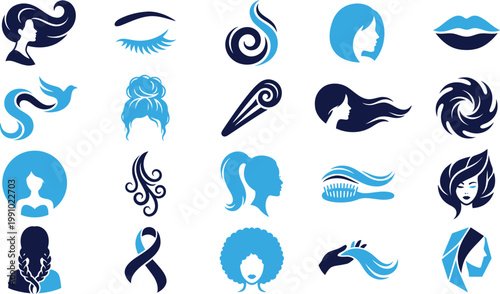 Compilation of blue and navy icons for beauty, hair, and fashion industry.