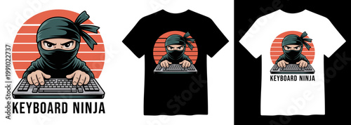 Keyboard Ninja vector illustration, a cool gaming character design, perfect for t-shirt prints and merchandise, featuring a masked ninja typing on a keyboard with a retro sunset background
