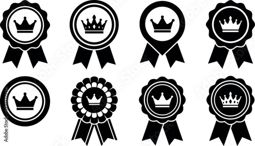 Black and white award ribbons with crown icons flat design collection
