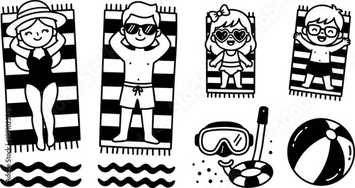 Family sunbathing on striped towels with beach ball and snorkeling gear