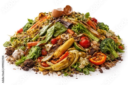 Fresh organic waste heap for composting on clean white backdrop
