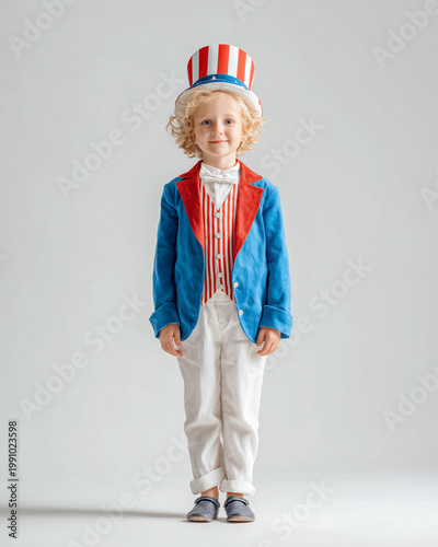 Young child dressed in patriotic outfit with top hat, showcasing a spirit of celebration during a festive occasion