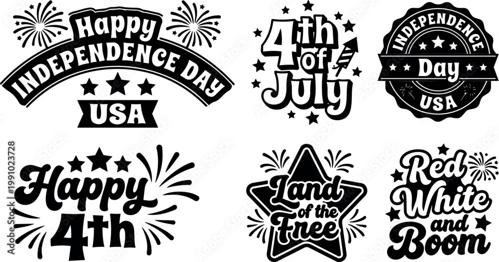 Fototapeta premium Black and white happy independence day usa lettering with fireworks and stars