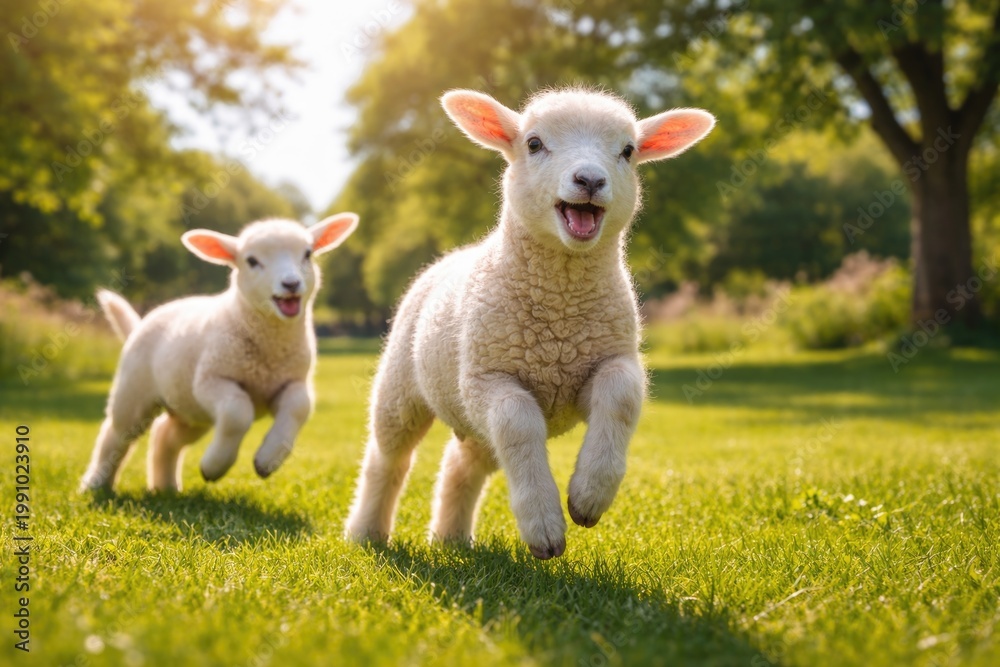 Fototapeta premium Happy pet sheep playing on a lush green grass lawn on a sunny summer day with full length view