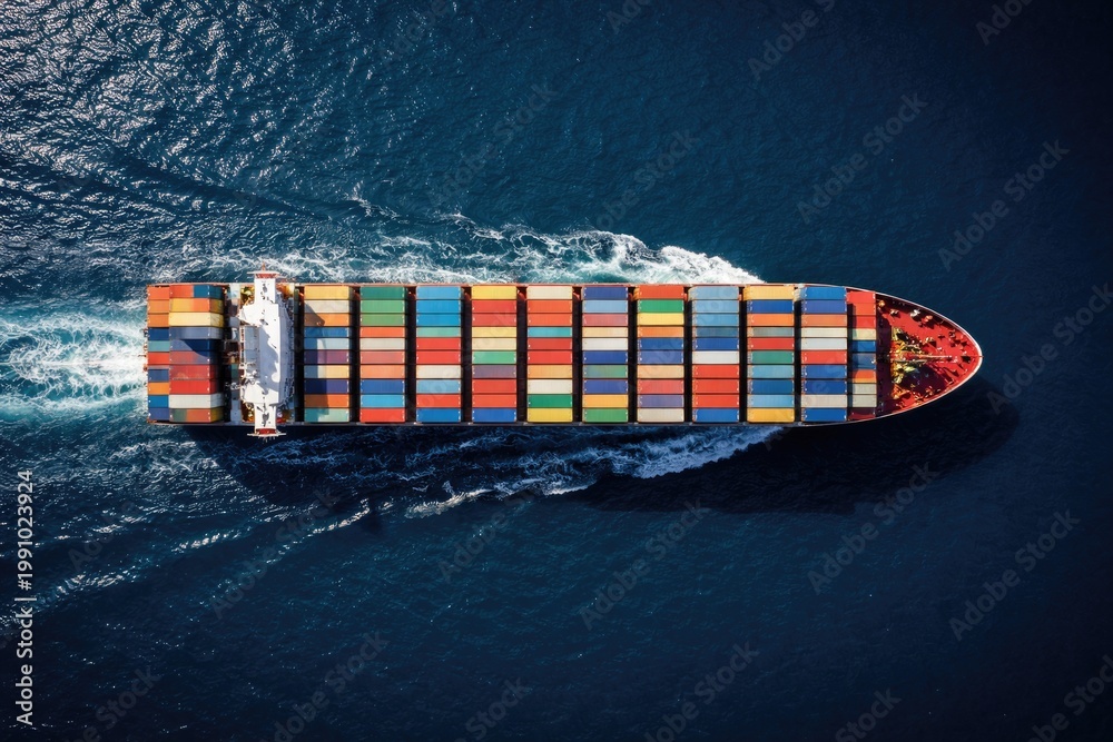 Fototapeta premium Top down view of a commercial shipping vessel carrying cargo containers at sea with copy space