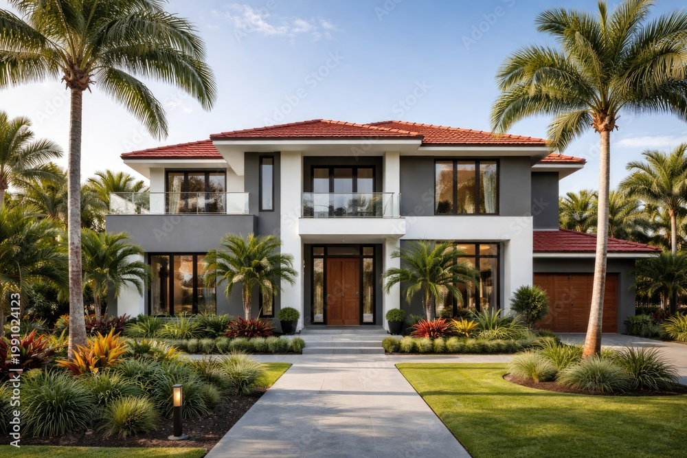 Fototapeta premium Contemporary home with gray facade white accents and a red roof showcasing a palm tree lined tropical front yard