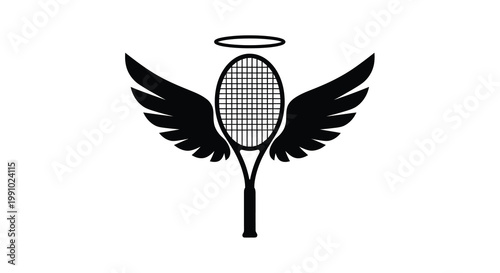 A black silhouette of a tennis racket with wings and a halo