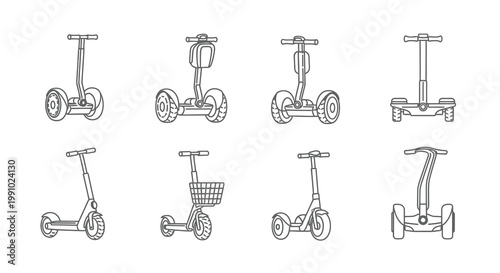 Line drawing of various personal transportation devices including scooters and segways