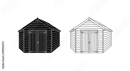 Two garden sheds depicted in contrasting black and white line drawings