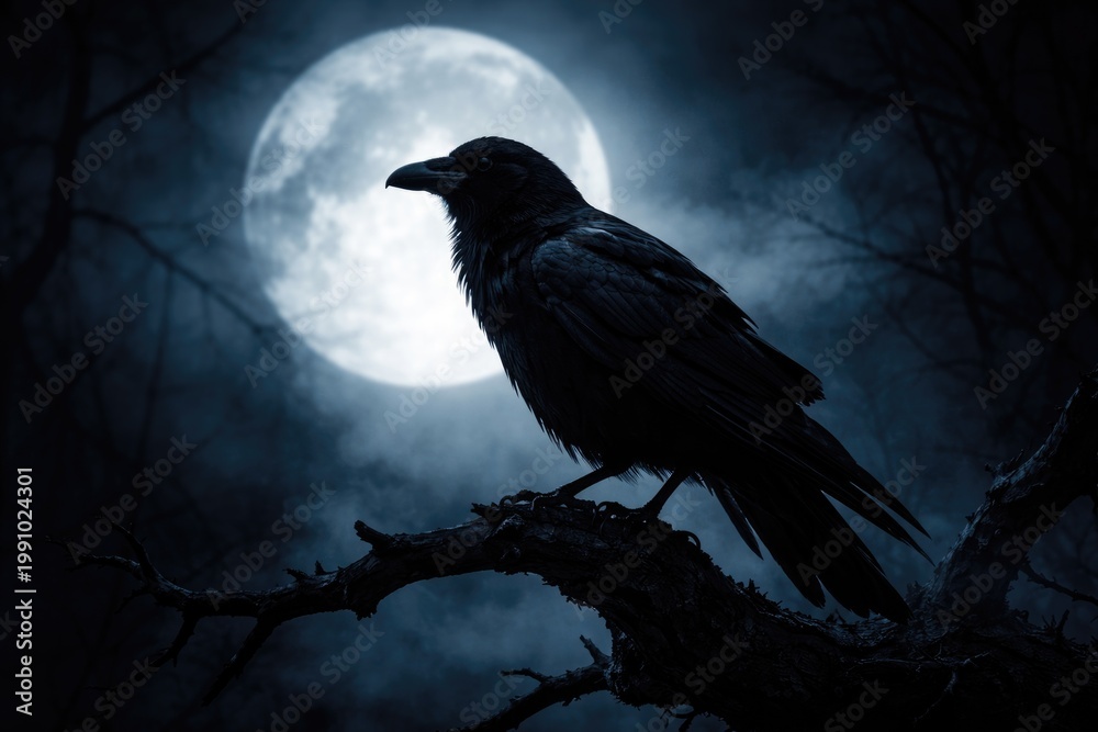 Naklejka premium Dark silhouette of a solitary raven illuminated by moonlight creating a tense Halloween scene