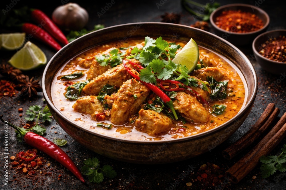 Fototapeta premium Herb garnished Thai curry with bold spices on a dark surface