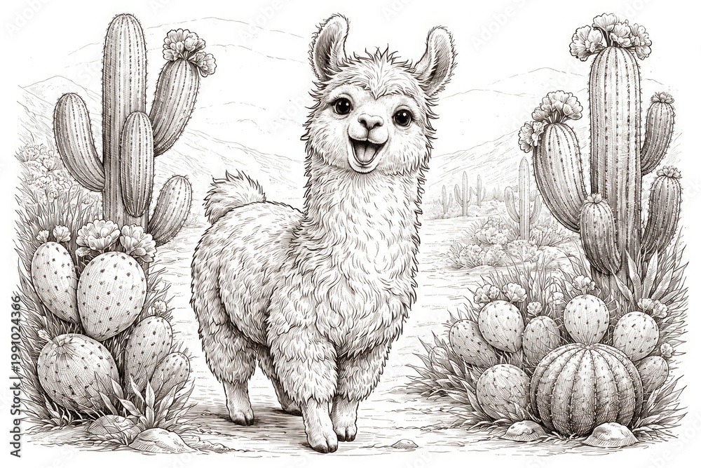 Fototapeta premium Line art of a cheerful llama with prickly cactus plants in a desert scene