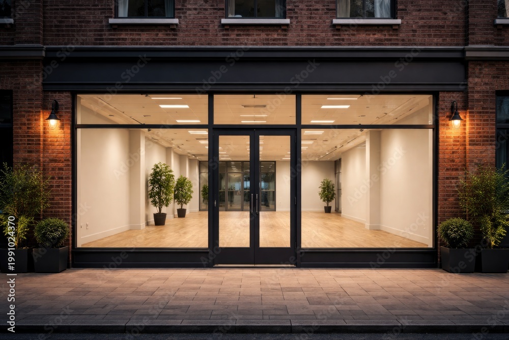 Fototapeta premium Office shop front featuring a brick terrace and spacious empty interior