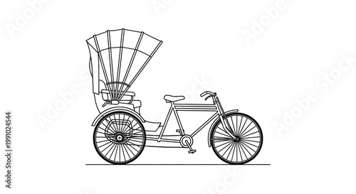 Line drawing of a traditional rickshaw with a covered passenger seat
